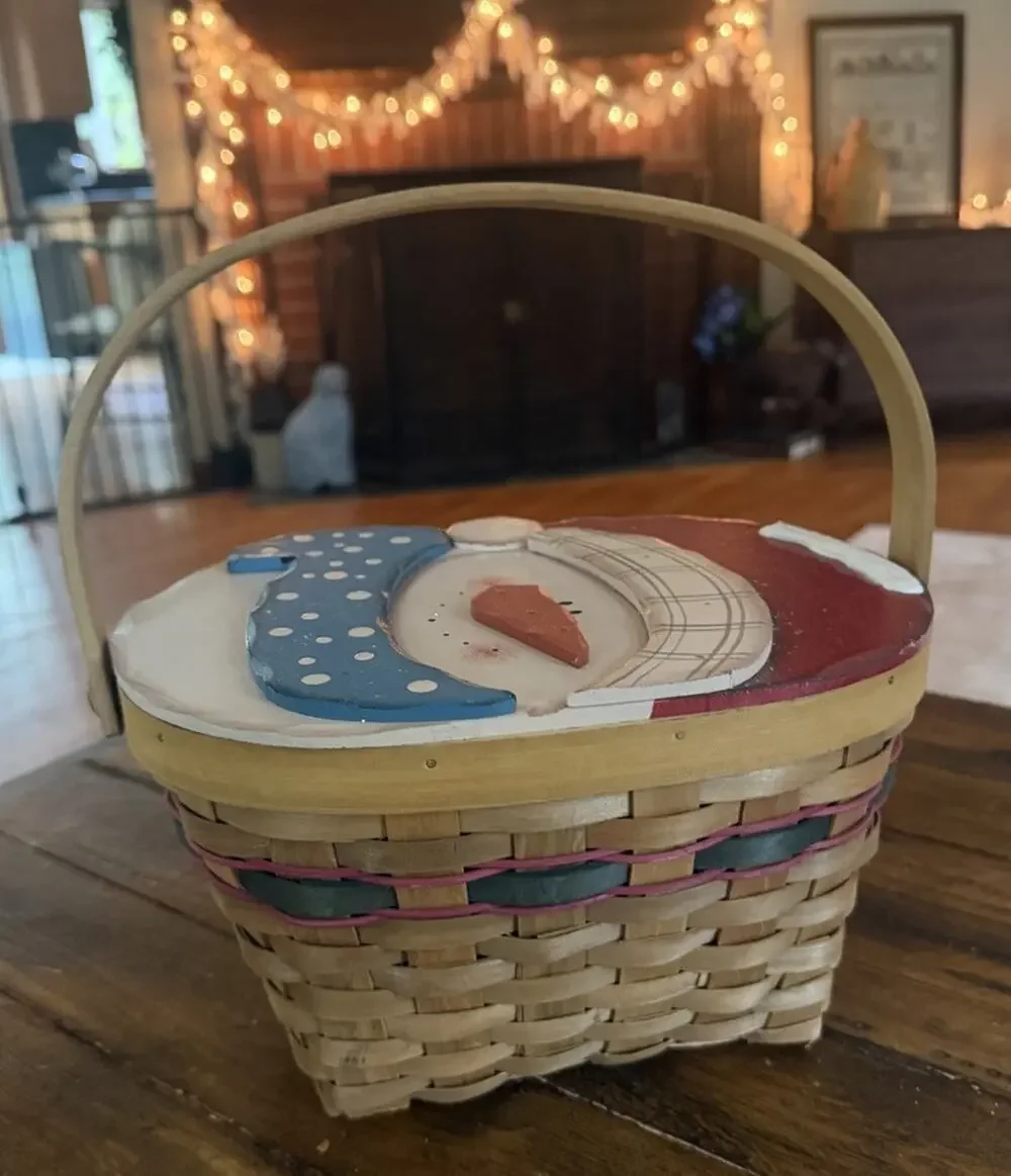 Vintage Snowman Basket Wooden Hinged Lid Christmas Frosty Winter Decor 3727/68
